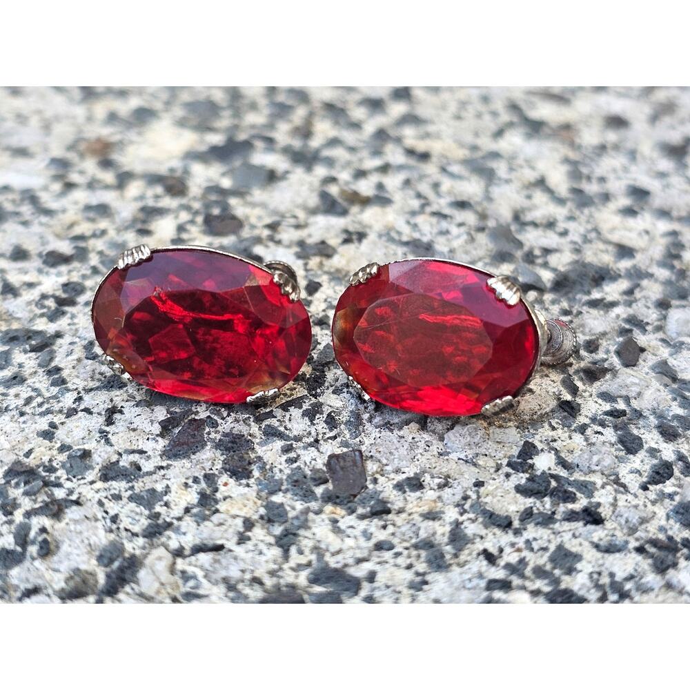 Vintage Sterling Silver Faceted Red Glass Screw Back Earrings
